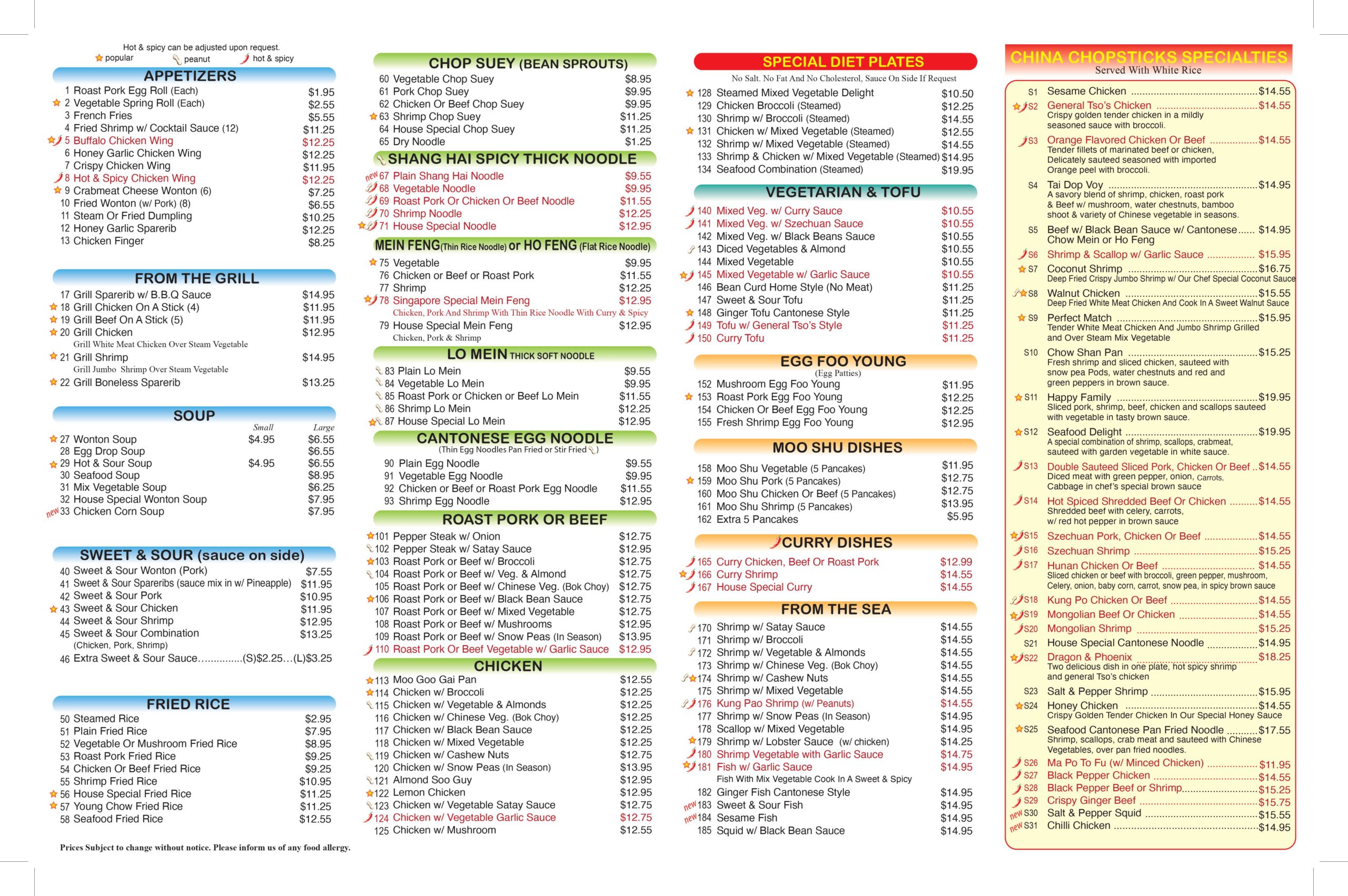 New sales chopsticks menu